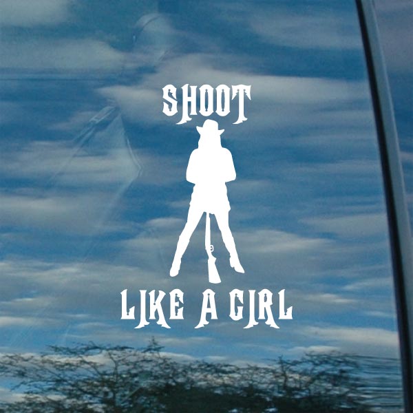 6" White Vinyl Female Hunter Decal - "Girls Shoot Too" Vehicle Decal, Made In USA